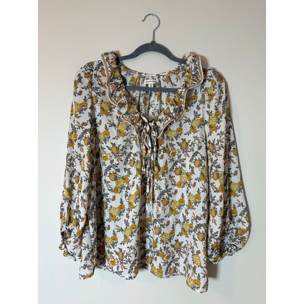 Yellow Floral Boho Long Sleeve Flowy Blouse SZ L Cottagecore Peasant Spring